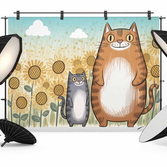Japanese Yellow Cats Backdrop for Photography,Fabric Photo Background Backdrop,Sunflowers Cartoon Country Animals Photo Booth Background for Portrait Photoshoot Video Wedding Studio Banner 7x5ft