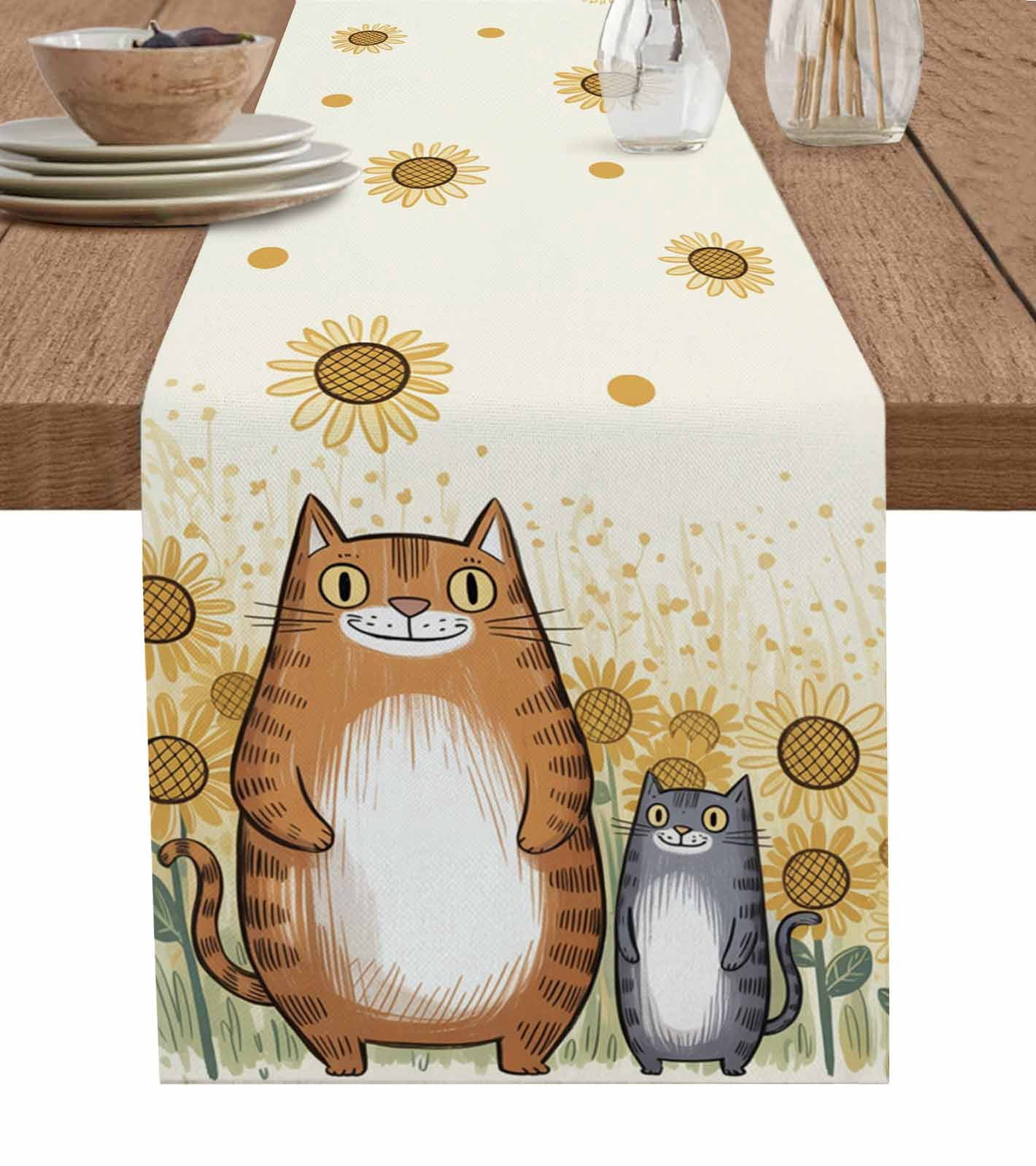 Japanese Yellow Cats Table Runner 60 Inches, Sunflowers Cartoon Country ...