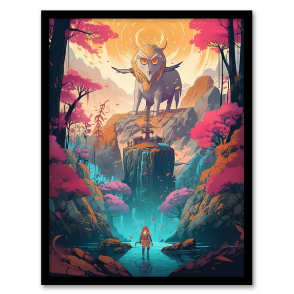 Japanese Yokai Concept Art Painting Mythical Folklore Creature Standing Before Warrior in a Cherry Blossom Forest Landscape Art Print Framed Poster Wall Decor 12x16 inch
