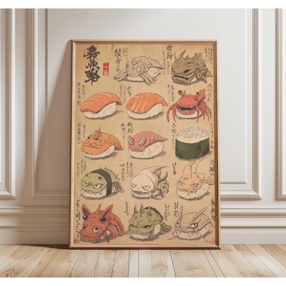 Japanese Yokai Sushi Monster Art Print, Edo Style Kitchen Decor, Poster Only