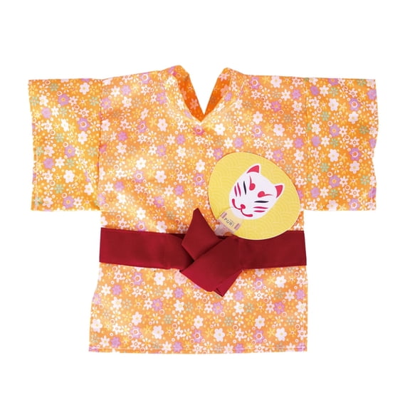 Japanese Yukata Kimono Cat Outfit Spring Festival Costume with Traditional Fan, Orange