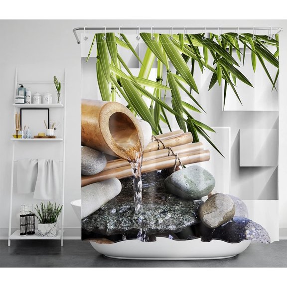 Japanese Zen Bamboo Decor Shower Curtain for Shower Stall by, Asian Spa Zen Stone Water Flow, Water Repellant Decor Curtain, 72 x 78IN