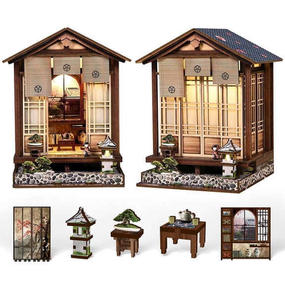 Japanese Zen Garden Miniature House Kit, DIY Book Nook Shelf Insert, Wooden 3D Puzzle Assembly Set for Adults & Hobbyists, Home Office Desk Decor & Creative Stress Relief Gift