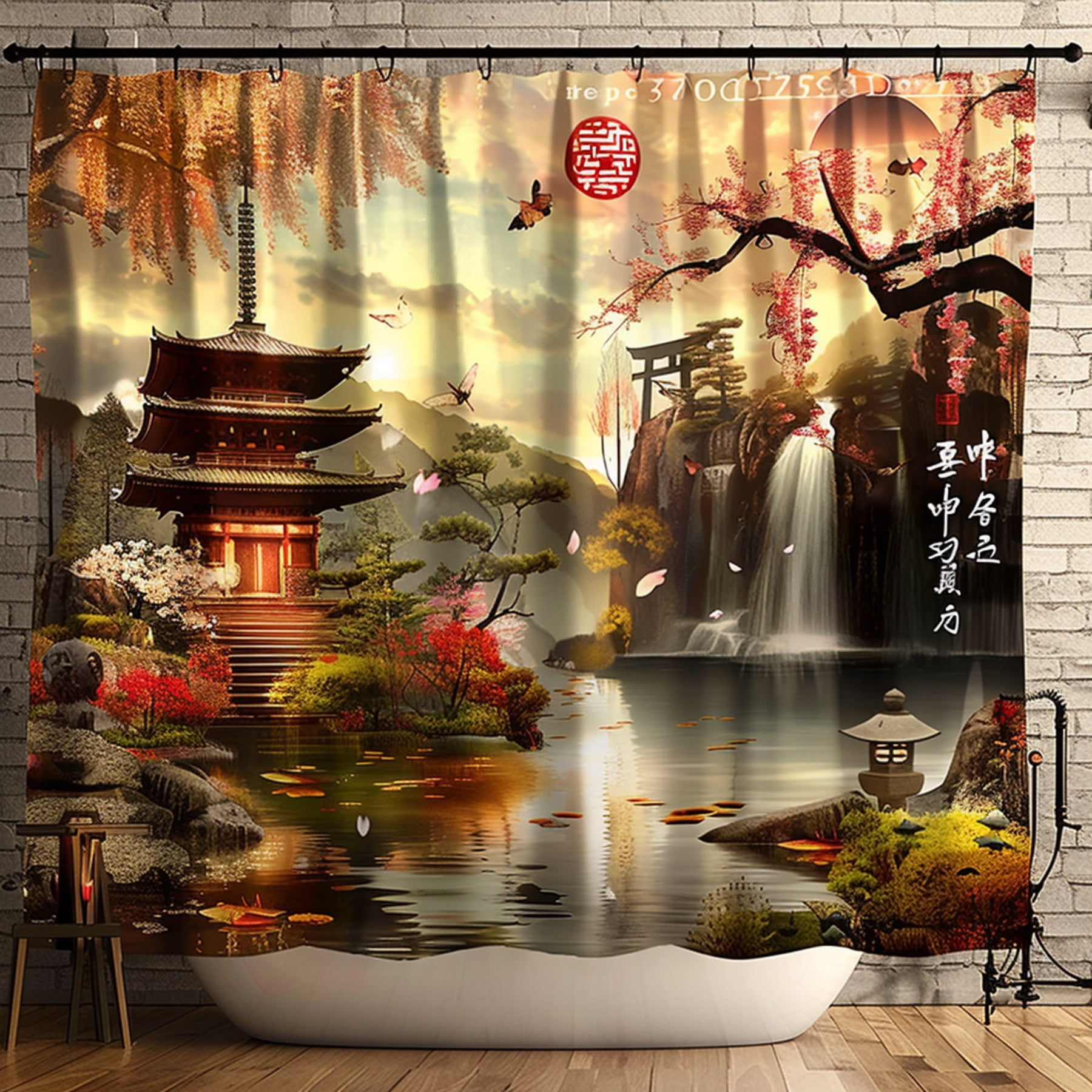 Japanese Zen Garden Shower Curtain with Cherry Blossom and Waterfall ...