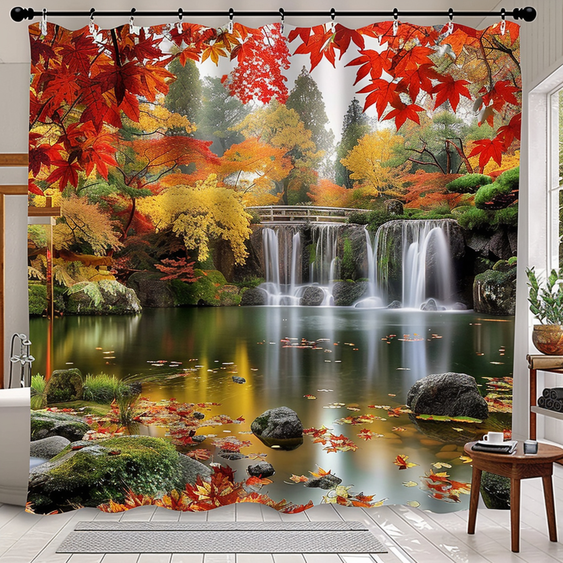 Japanese Zen Garden Shower Curtain with Vibrant Fall Foliage and