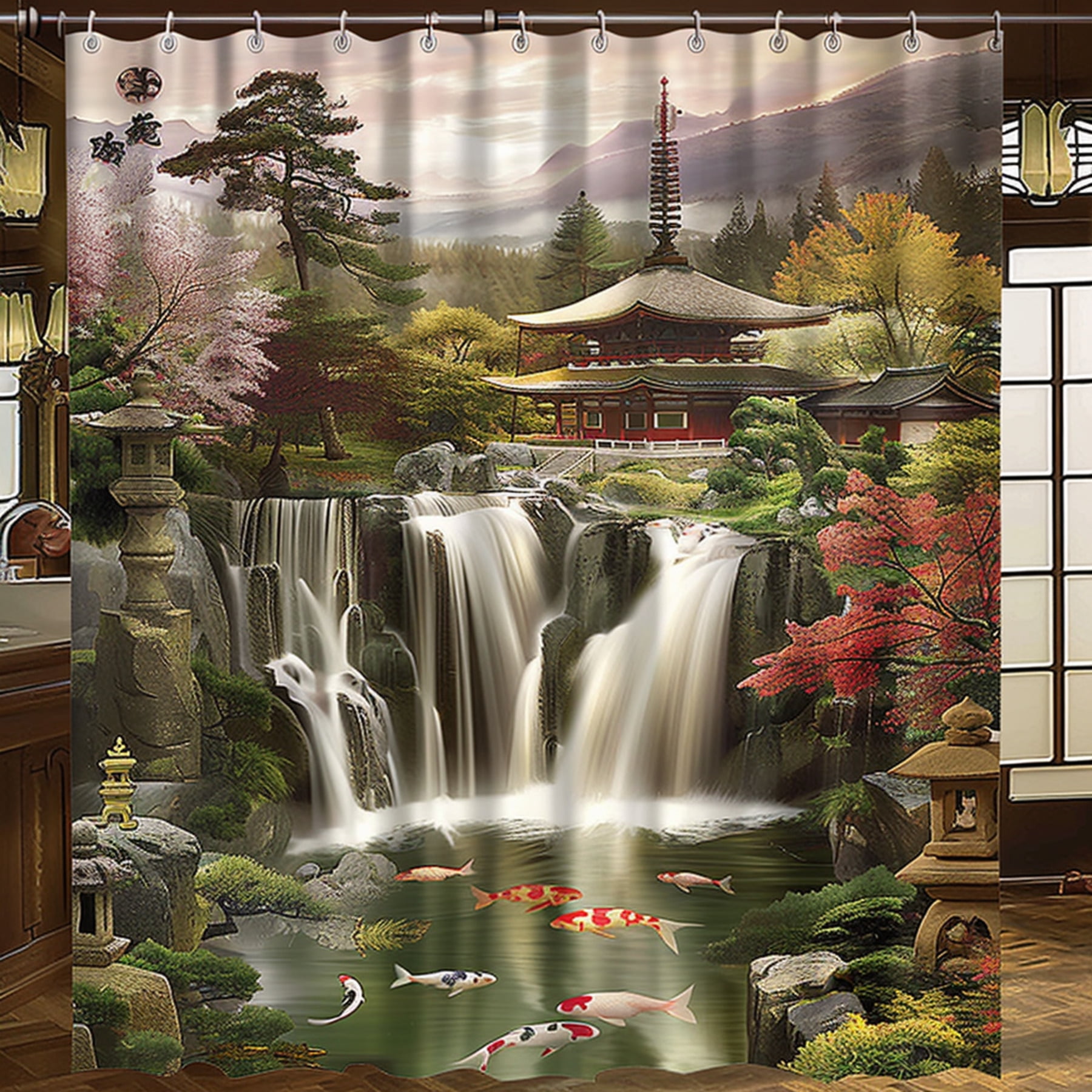 Japanese Zen Garden Waterfall Temple Shower Curtain Landscape Design