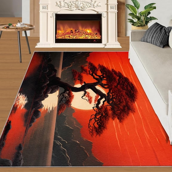 Japanese Zen Landscape Rugs for Entryway Eastern Aesthetic Bedroom Rug, Sunset Tree Mudroom Rug Soft for Coffee Shop Living Room Game Room-2' x 3'