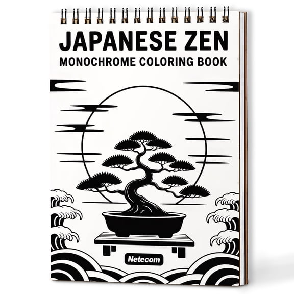Japanese Zen Monochrome Coloring Book Spiral Bound for Adults, A5 Wooden Cover, Relaxing One-Color Illustrations with Bonsai Trees, Koi Ponds and Stone Gardens