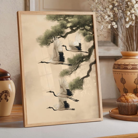 Japanese Zen Nature Wall Art Poster Ancient Pine Tree Cranes Japandi Poster Calm Asian Botanical Decor Oriental Minimal Artwork Japandi Gift, Size 16x24 UNFFRAMED F03.1.6l1567