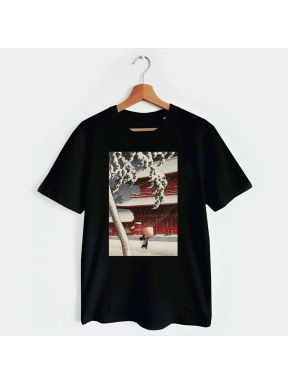 Japanese art t-shirt, Japanese woodblock shirt, Ukiyo-e shirt, geisha, snow, winter, temple, edo period, Japanese gift for Christmas