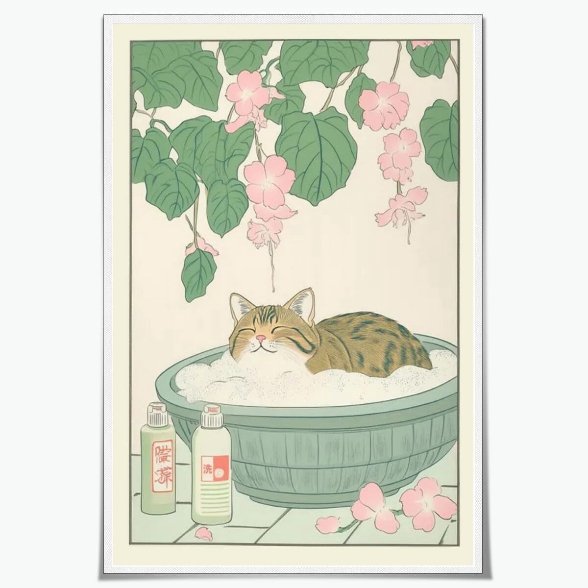 Japanese bathroom wall decor Tabby cat in bathtub Canvas Print Neutral ...