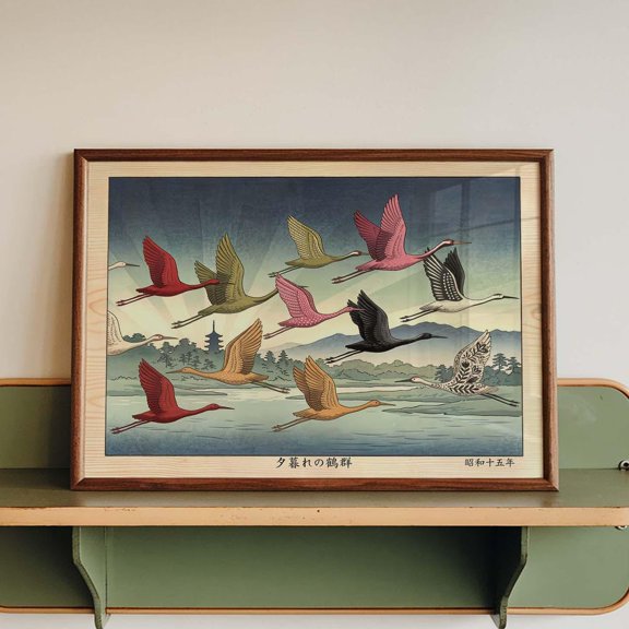 Japanese bird wall art print flying crane poster vintage landscape decor horizontal Japandi nature artwork