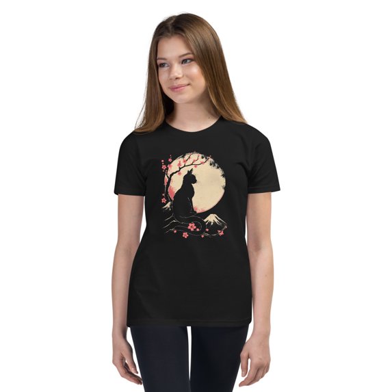 Japanese cat anime Youth Tee | (Black, XL)