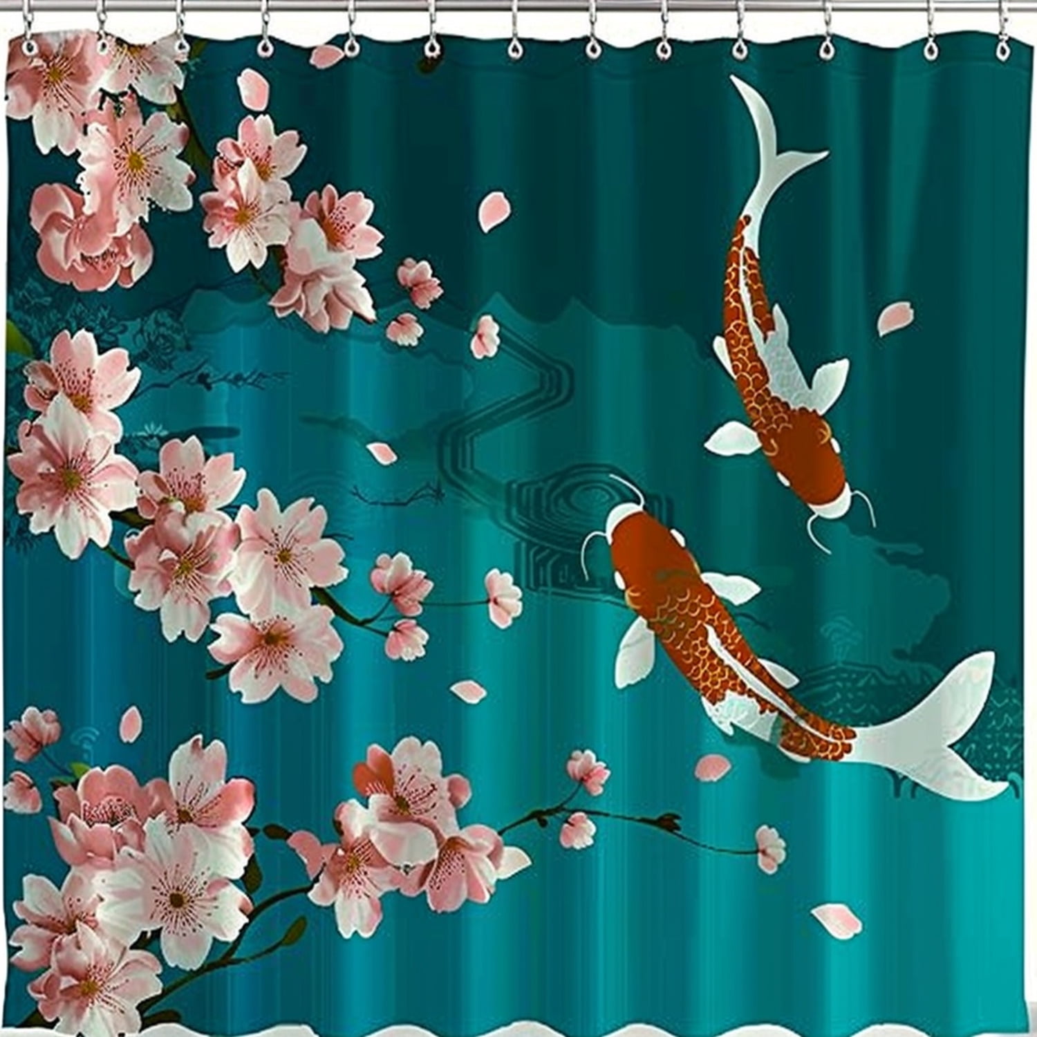 Japaneseinspired shower curtain with cherry blossoms and koi fish on