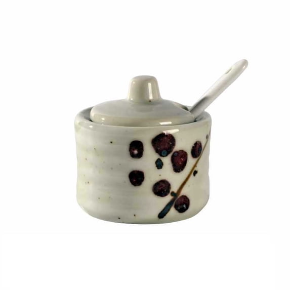 Japanese spice jar with lid, sugar bowls with lid, retro mini sugar pot made of porcelain, salt bowl, spice jar with lid, spoon for coffee serving set, bar countertop