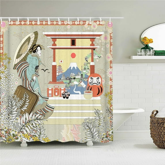Japanese-style 3D Mount Fuji and Flower Print Shower Curtain With Hook Natural Landscape Home Decoration Bathroom Curtains