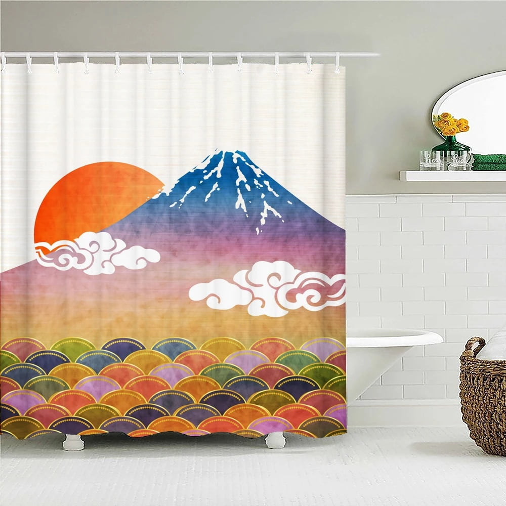 Japanese-style 3D Mount Fuji and Flower Print Shower Curtain With Hook ...