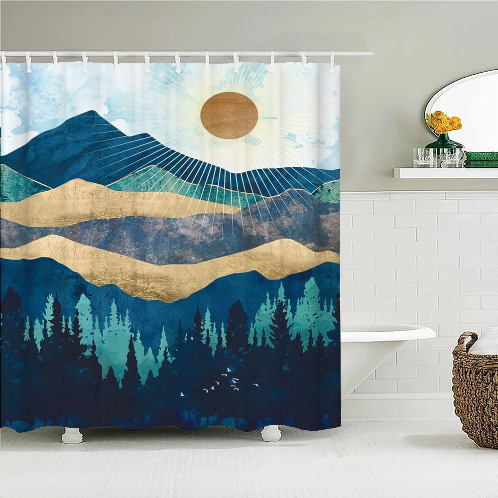 Japanesestyle 3D Mount Fuji and Flower Print Shower Curtain With Hook