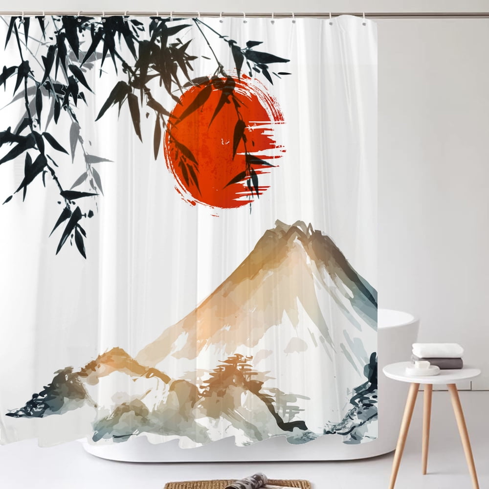 Japanese-style 3D Mount Fuji and Flower Print Shower Curtain With Hook ...