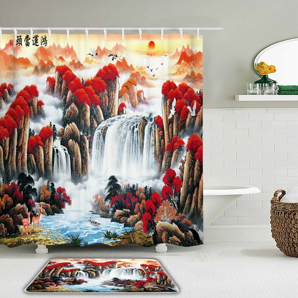 Japanese style Flowers and Birds Scenery Printing Shower Curtain Set
