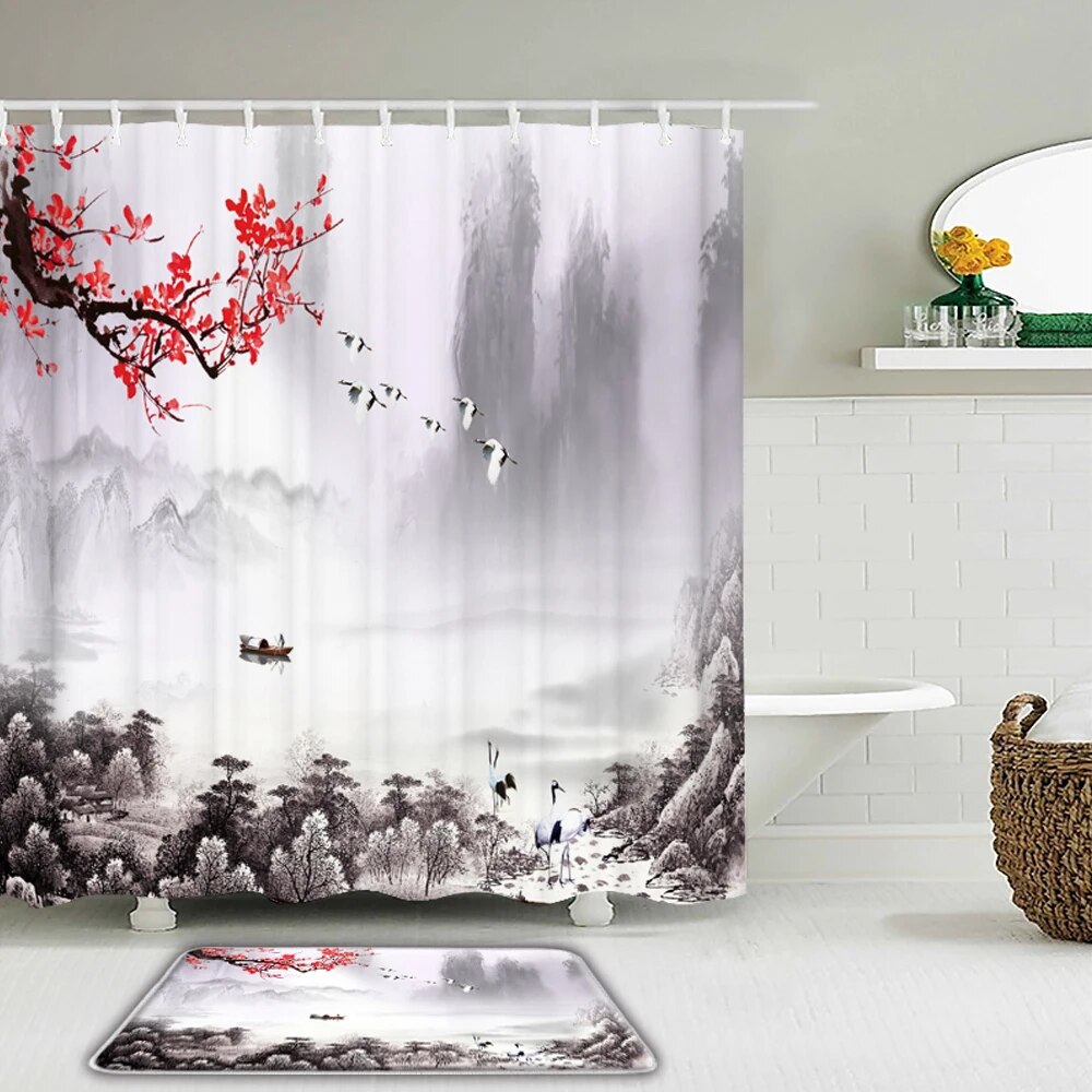Japanese style Flowers and Birds Scenery Printing Shower Curtain Set