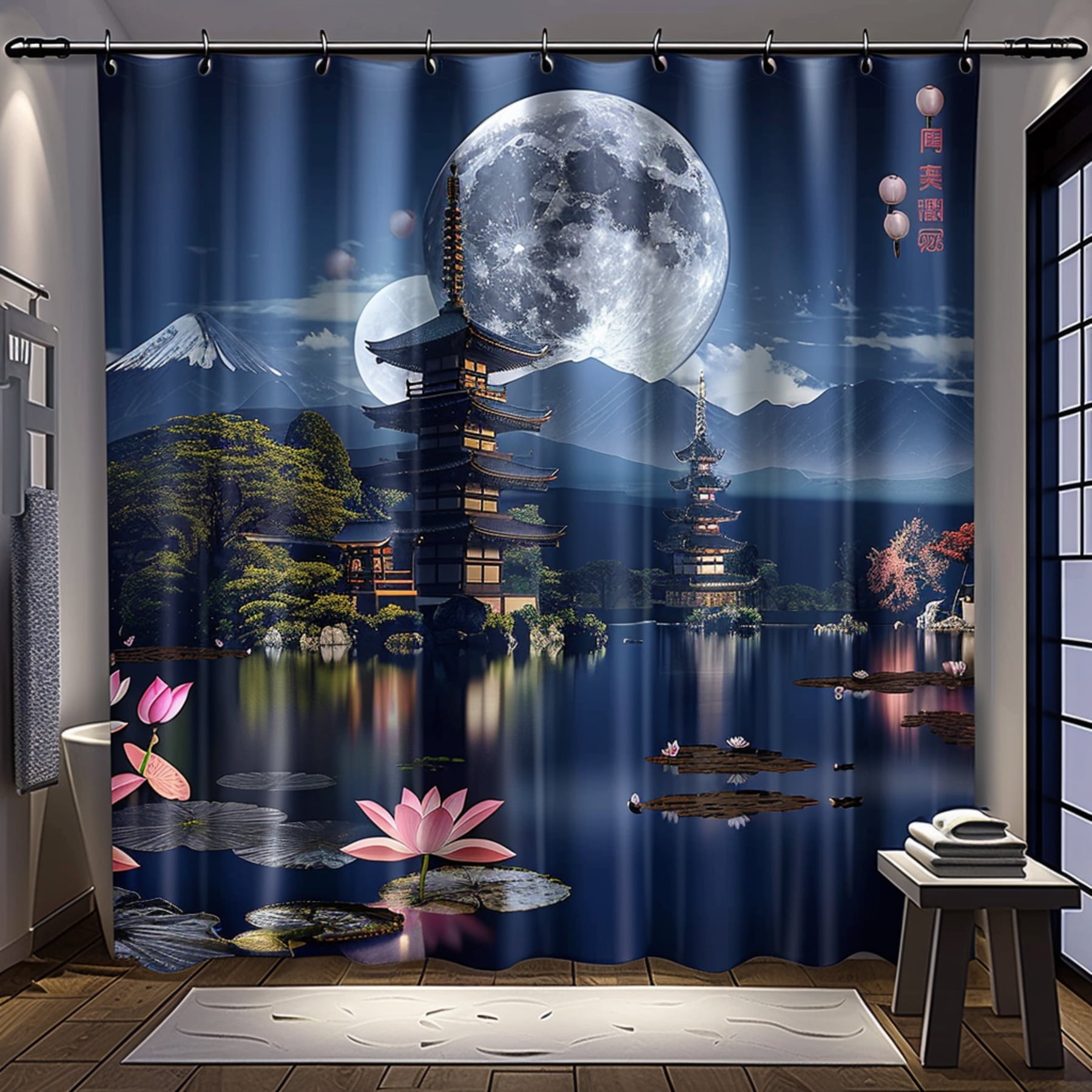 Japanese temple and moon landscape with lotus flower print on dark blue