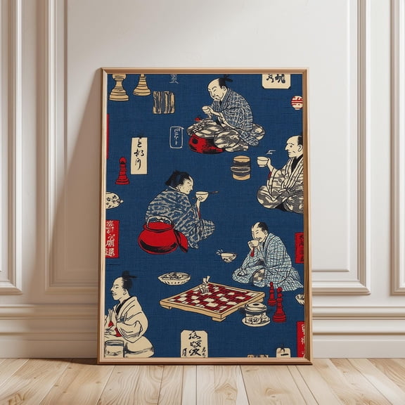 Japanesehogi Players Poster, Woodblocktyle in Navy and Red, neutral decor,tylish artwork, printable art, Artistic Home Accent for Modern Interiors Bedroom Apartment, Unframed 8x10