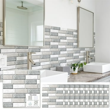 Japceit 10 Sheets Peel and Stick Backsplash Tile, Stick on Backsplash for Kitchen and Bathroom, White Sandstone Look PVC Mixed Metal Gold Self Adhesive Wall Tiles, Peel and Stick Floor Tile