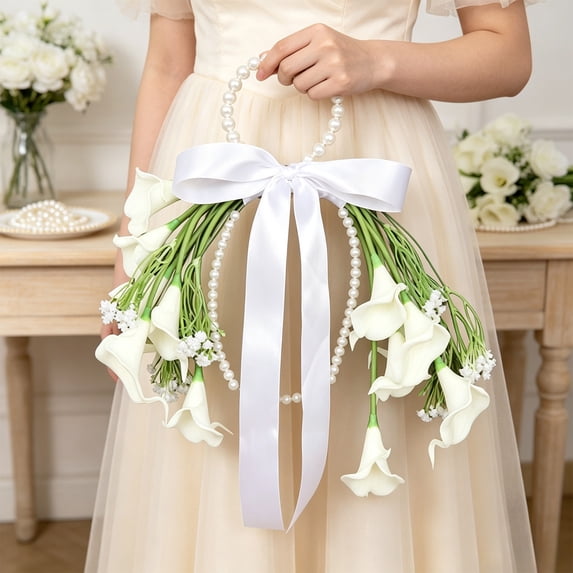 Japceit 14X20In White Lily Tulip Wedding Bouquet, Pearl Handle Cascade, Bridal Hand Flower, Satin Bow For Photoshoot Ceremony, Artificial Silk Floral Decor