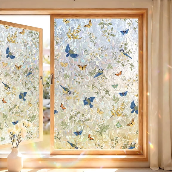 Japceit 15.7 x 47.2 Inch Floral Window Film Privacy Static Cling Sun Blocking Decorative Glass Sticker Vinyl for Home Office Bathroom