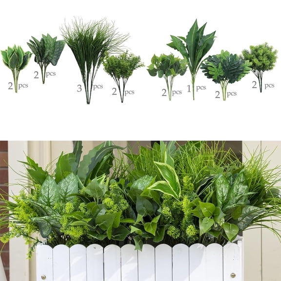 Japceit 16 Pc Artificial Greenery Set, Simulation Green Plants, Faux Leaf Stems for Home Office Desk Decor, Indoor Outdoor Vase Filler