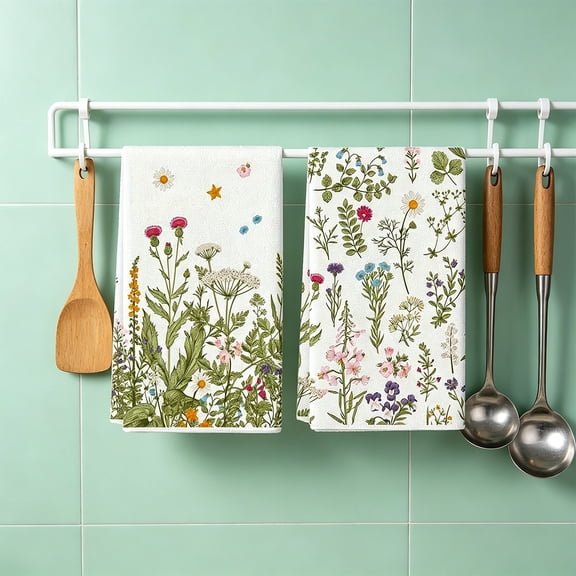 Japceit 2Pc Floral Kitchen Towels, Printed Absorbent Cotton Dish Cloths, Decorative Tea Towel For Dishes Counter Glass Cleaning, Non Scratch Reusable Rag, Summer Plant Home Decor