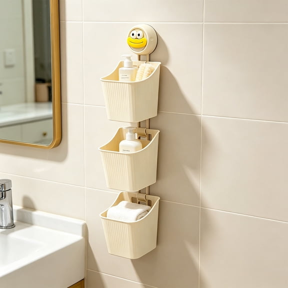 Japceit 3 Pc Suction Cup Baskets, Stackable Wall Mount Organizer, No Drill Kitchen Storage for Garlic Onion Ginger, Connectable Plastic Bins