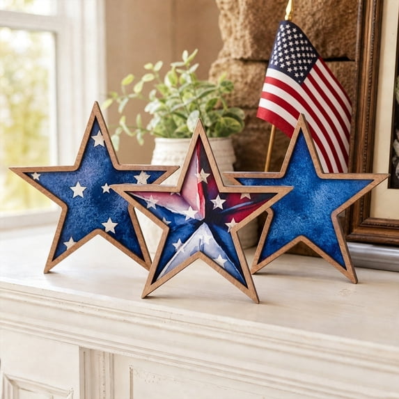 Japceit 3Pcs 4Th Of July Decorations Wooden Stars,Red White Blue Patriotic Decor, Independence Day Ornaments Set,For Home Office Table Shelf