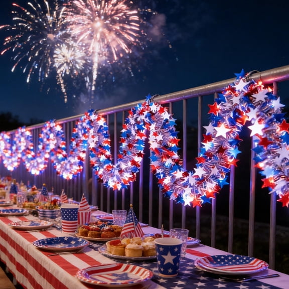 Japceit 4th of July Luminous Foil Wreath, 20 Foot 40 LED Light Streamer, Red White Blue Patriotic Hanging Decor for Independence Day Party