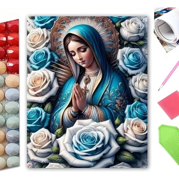 Japceit 5D Virgin Mary Diamond Style Painting Kit, DIY Religious Rhinestone Art, Full Drill Round Gem Embroidery Craft for Home Wall Decor