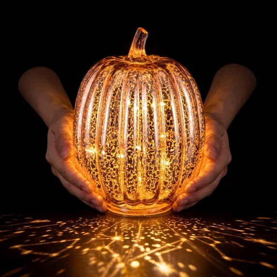 Japceit 6.5X5.5In Glass Pumpkin Led Light, Rose Gold Halloween Lamp, Timed Lighted Pumpkin, Tabletop Fall Decor,Spooky Home Accent
