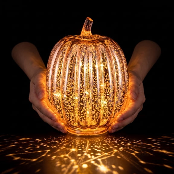 Japceit 6.5X5.5In Glass Pumpkin Led Light, Rose Gold Halloween Lamp, Timed Lighted Pumpkin, Tabletop Fall Decor,Spooky Home Accent