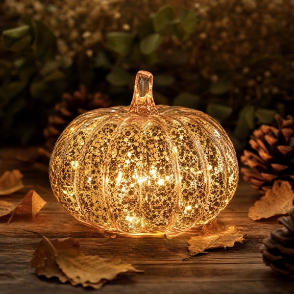 Japceit 6.5X5.5In Glass Pumpkin Led Light, Rose Gold Halloween Lamp, Timed Lighted Pumpkin, Tabletop Fall Decor,Spooky Home Accent