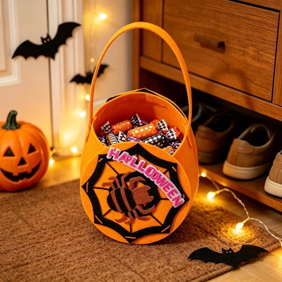 Japceit 7X5.5In Felt Pumpkin Candy Bag, Handheld Halloween Tote, Web Leaf Pattern Treat Storage, Gift Packing, Indoor Outdoor Party Prop