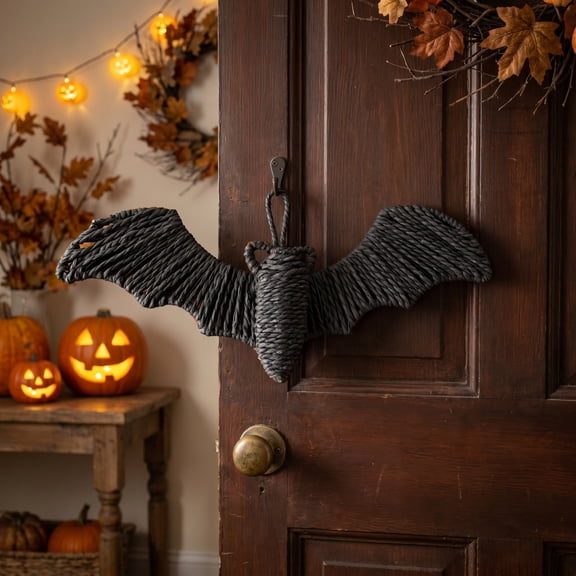 Japceit 9.8 X 3.4 Inch Woven Straw Bat Decor, Black Halloween Hanging Ornament, Pair With Lights, Spooky Indoor Outdoor Accent, Creepy Wall Window Decoration