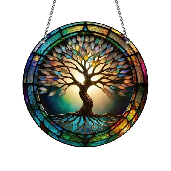 Japceit Acrylic Tree of Life Window Hanging, Round Decorative Wall Art Pendant, Bohemian Style Home Ornament for Living Room, Bedroom, Dorm Decor