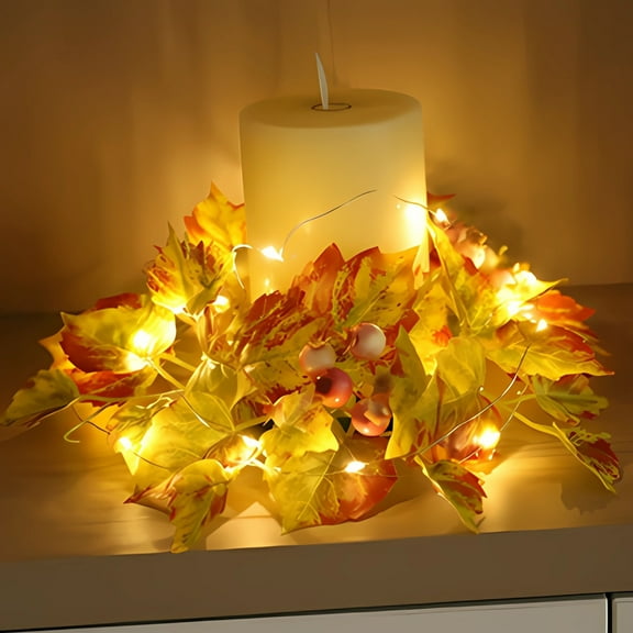 Japceit Artificial Maple Leaf Wreath, LED Candlestick Cup Centerpiece, Thanksgiving Halloween Table Decor, Rustic Farmhouse Party Decoration with Battery Operated Tea Lights