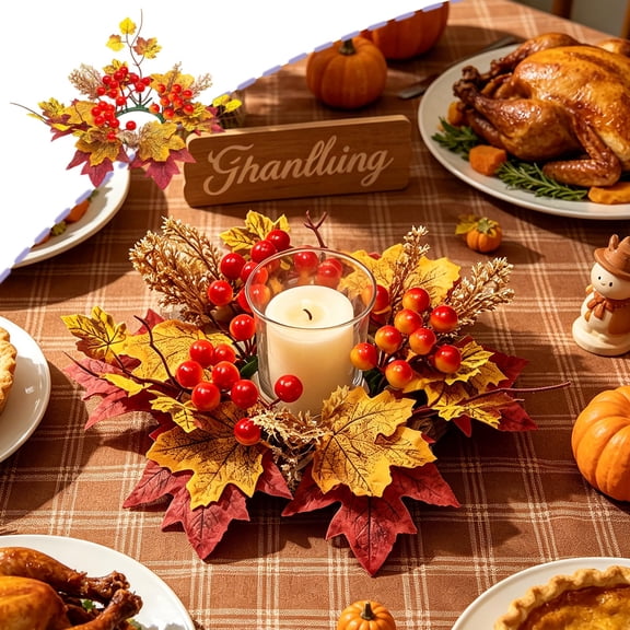 Japceit Autumn Candlestick Wreath Border, Simulation Autumn Colors Harvest Decoration, Maple Leaf Candlestick Pumpkin Wreath, Halloween Berry Accent