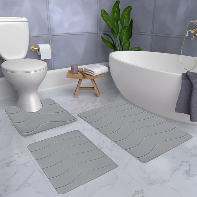 Japceit Bathroom Floor Mat Set of 3, Super Soft Quick Dry Rugs, Non-Slip Backing for Wet Areas, Machine Washable Toilet Mats, Wave Texture Design for Shower, Bath