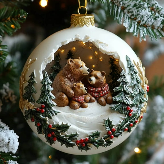 Japceit Bear Family Ornament, Acrylic Flat Portrait with Woodland Creature Design, Christmas Tree Decoration for Home, Nature Theme