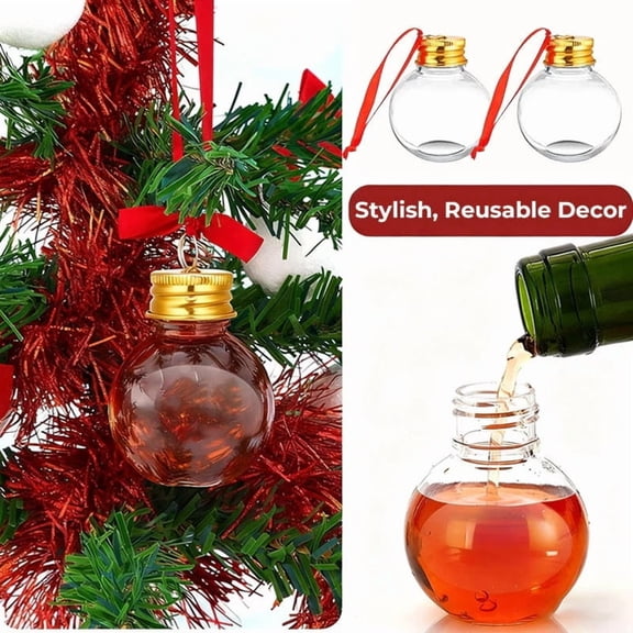 Japceit Beverage Christmas Ornament Ball, Hanging Decor Container with Removable Lid, Festive Holiday Themed Sphere for Drinks, Party, Tree Display, DIY Christmas Gift, 50ml