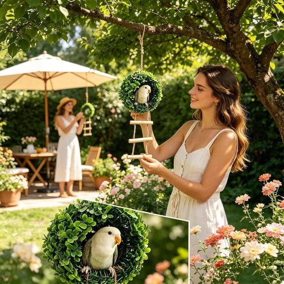 Japceit Bird Grass Ball Toy With Ladder, Hanging Parakeet Foraging Chew, Natural Seagrass Climbing Swing For Cockatiel Canary Lovebird