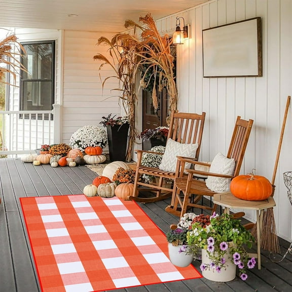 Japceit Checkered Orange Outdoor Mat, Handwoven Fall Porch Decor, Durable Layered Doormat for Farmhouse Entryway and Patio Weatherproof Display