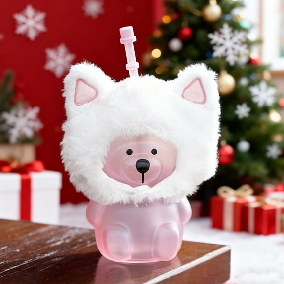 Japceit Christmas Bear Straw Tumbler, Cute Animal Design with Soft Headgear Lid, 17oz Insulated Cup for Winter Drinks, Home, Office, Seasonal Beverage Use
